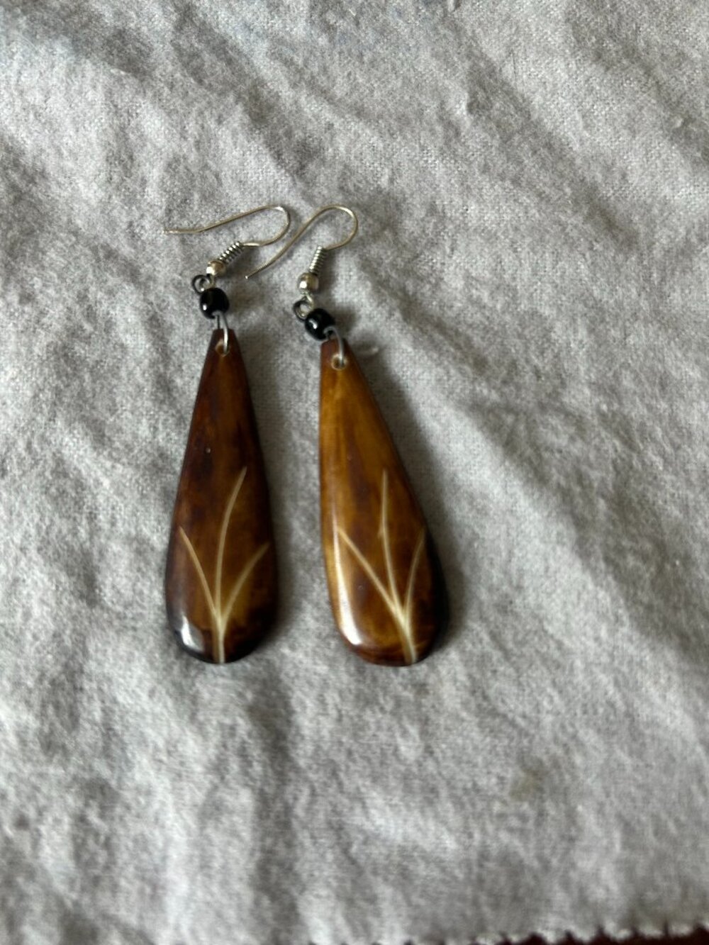 Vintage Hand-Carved Natural Horn Teardrop Earrings • Etched Botanical Leaf Boho
